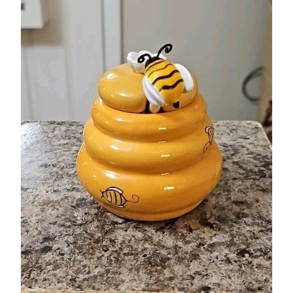 Honey Miel ( French) Ceramic Beehive Jar Pot w Wood Bumble Bee Dipper 3" Kitchen - Picture 4 of 7